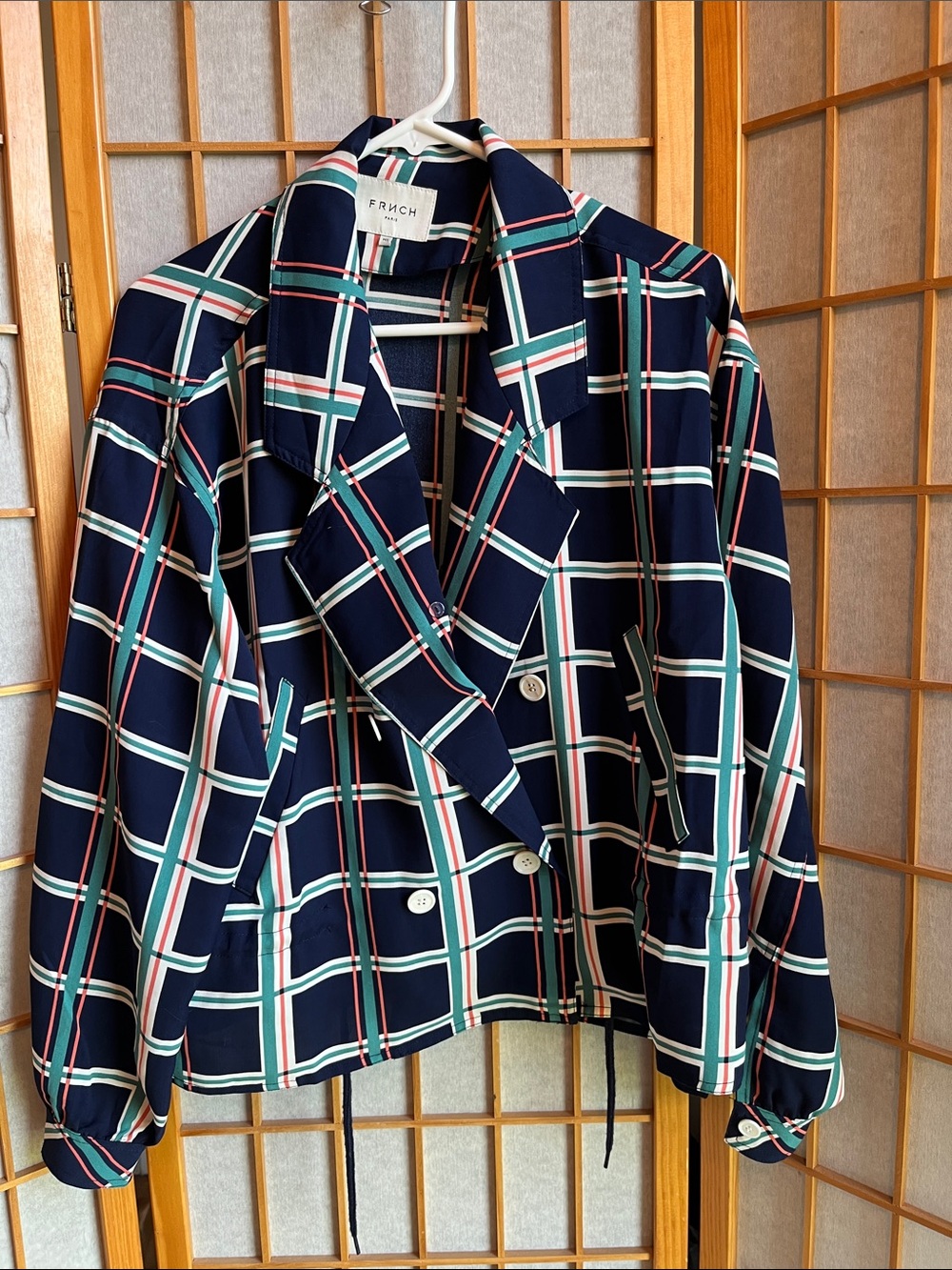 FRNCH Navy Plaid Cropped Blazer with White & Green Windowpane M/L